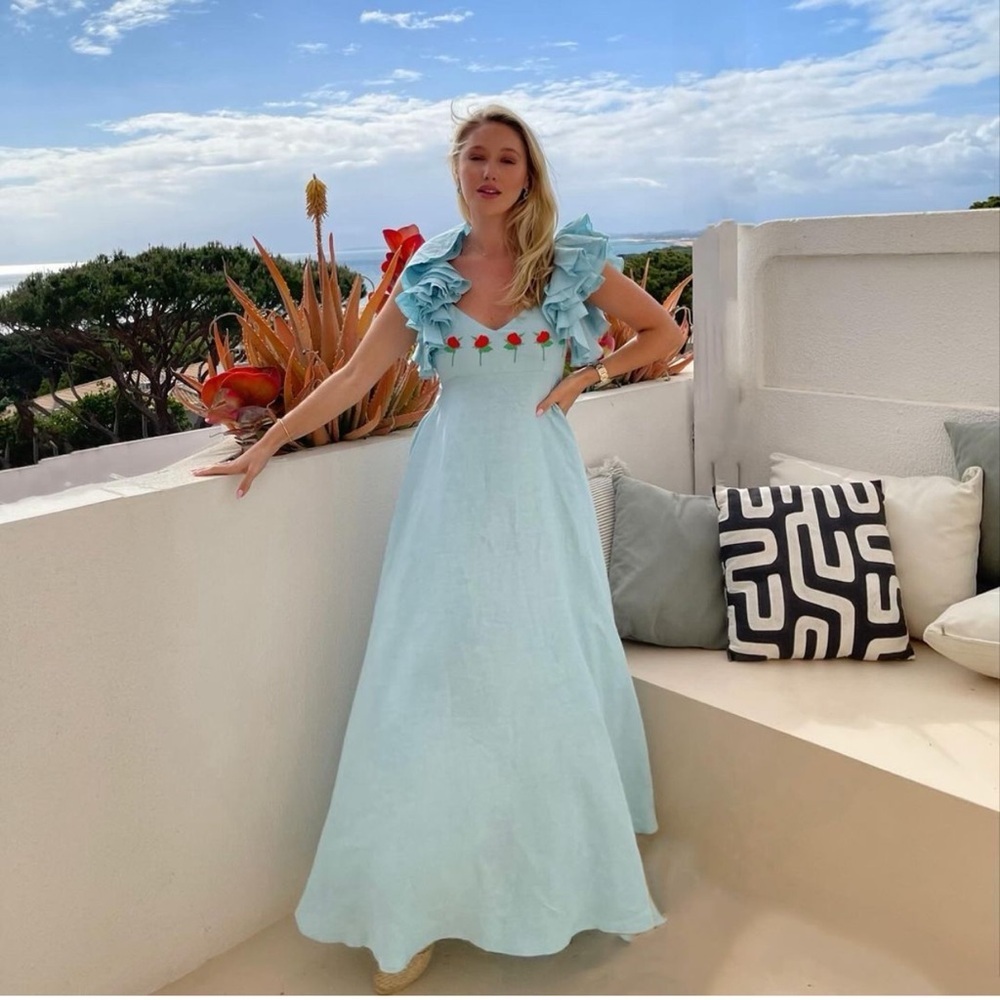 Fanm Mon Blue Linen Embroidered Ruffle Dress
